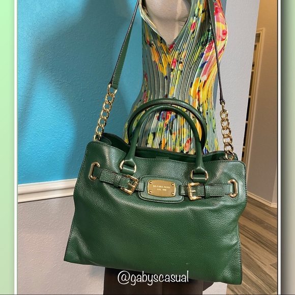 MICHAEL Michael Kors Handbags - Michael Kors Hamilton Large Pebbled Leather Satchel Handbag / Tote Hunter Green